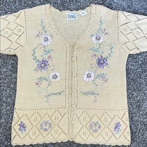 Erika Cream Knit Cardigan with Lavender and White Floral Embroidery